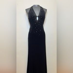 Sexy black beaded long dress by masquerade size 8